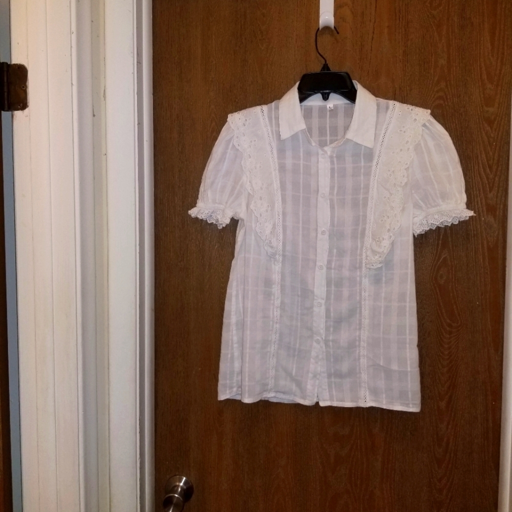White Eyelet Trim Ruffle Blouse